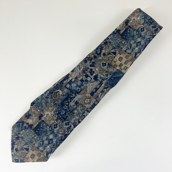 Silk Company Mens Tie Necktie Tan Blue Geometric Abstract Made in Italy - Picture 1 of 4